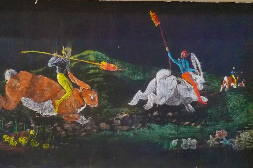 A colourful chalk drawing displays goblins mounted on rabbits as steeds galloping across a green meadow.