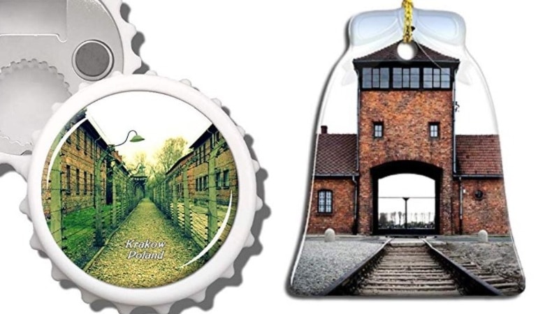 A composite image of a bottle cap shaped piece of plastic with Auschwitz on it and a bell-shaped Auschwitz branded ornament.