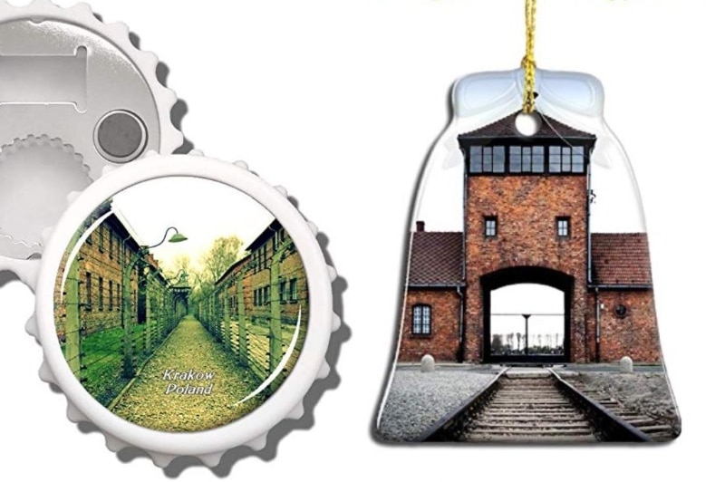 A composite image of a bottle cap shaped piece of plastic with Auschwitz on it and a bell-shaped Auschwitz branded ornament.