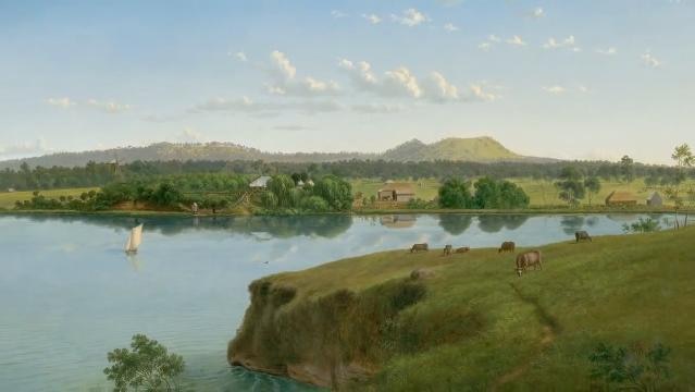 Landscape painting titled 'Purrumbete from across the lake' 1858 by Eugene von Guerard