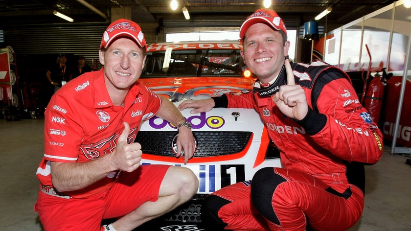 Mark Skaife and Garth Tander celebrate Bathurst pole