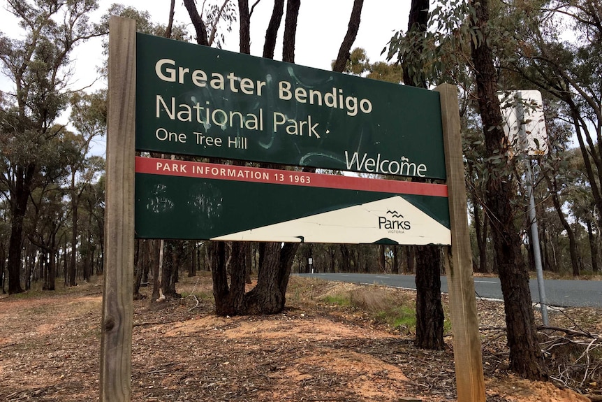 A roadside sign for the Greater Bendigo National Park, surrounded by trees. The road is visible on the right.
