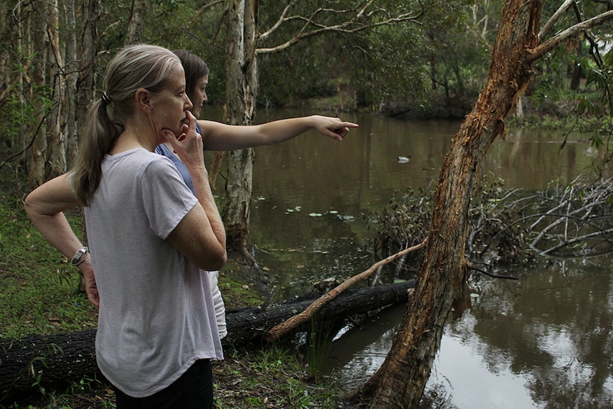 Two women standing on the bank of a waterway looking out into the distance.