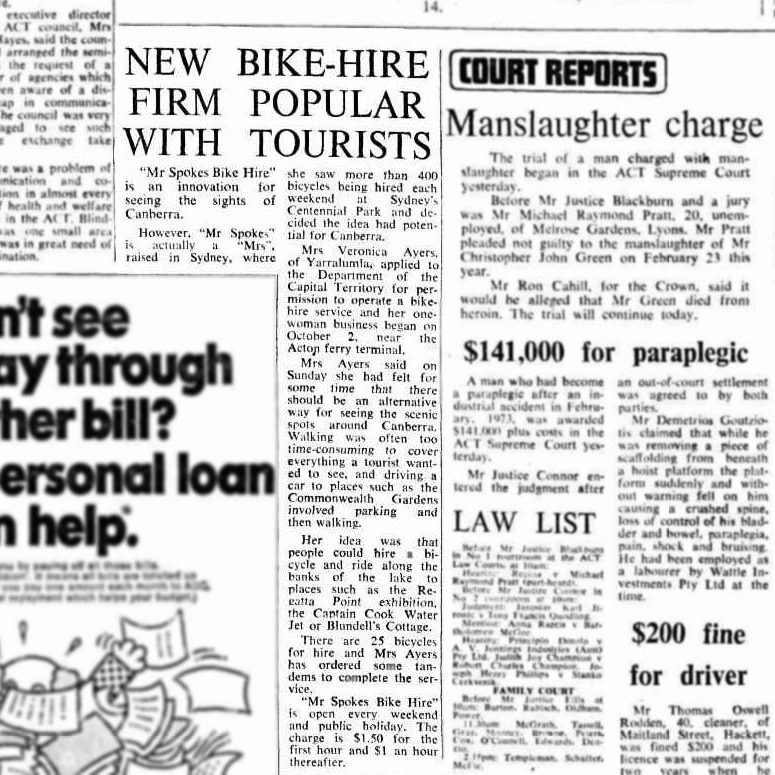 A Canberra Times article from 1976 names the woman behind Mr Spokes Bike Hire.