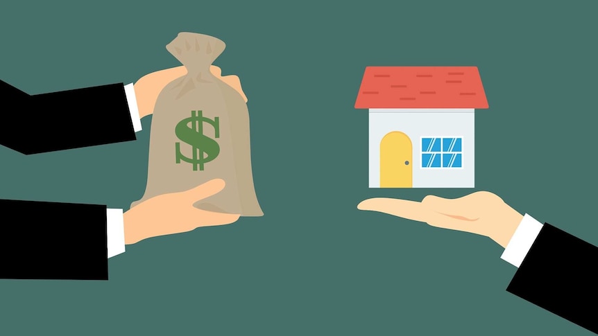 An illustration depicting a property sale, with two hands holding a bag with a dollar sign on it and a house in another hand.
