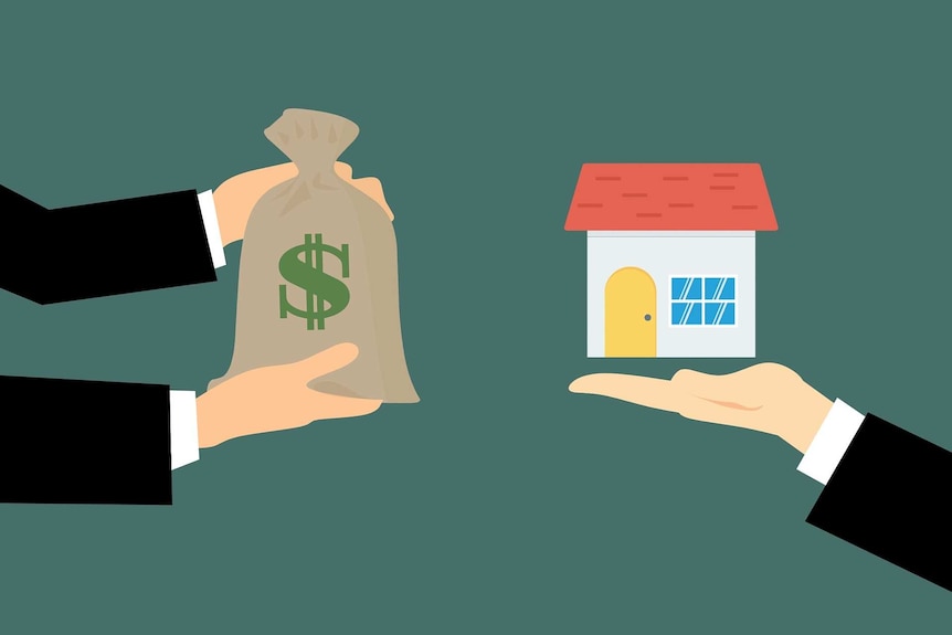 An illustration depicting a property sale, with two hands holding a bag with a dollar sign on it and a house in another hand.