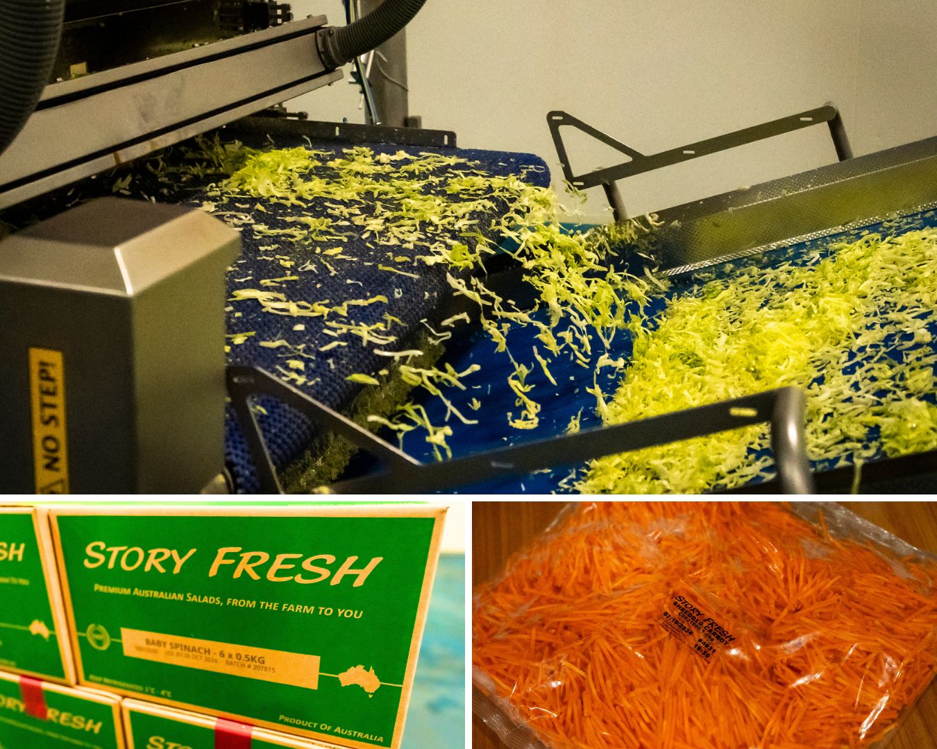 A collage of three photographs showing chopped vegetables. 