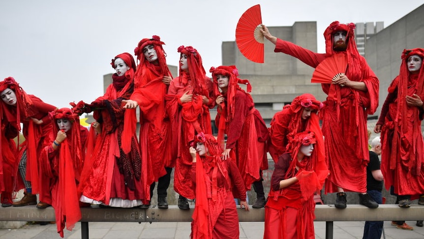 Protesters at a blockade on Waterloo Bridge during a protest by the Extinction Rebellion group in London, England.