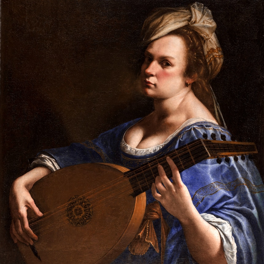 Portrait of a 17thC woman holding a lute with dark back ground with strong focal light on person