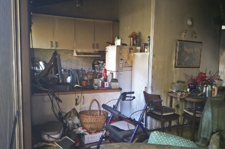 Kitchen of 89-year-old woman's fire-damaged unit at Redcliffe.