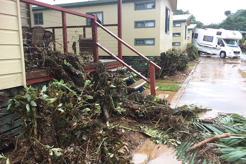 Debris in a flood-damaged caravan park in Cairns in far north Queensland on March 27, 2018.
