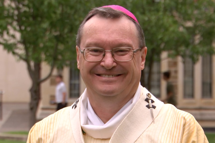Catholic Archbishop of Adelaide Patrick O’Regan smiles at the camera in ceremonial dress