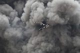 A flock of birds flies in front of a huge smoke plume
