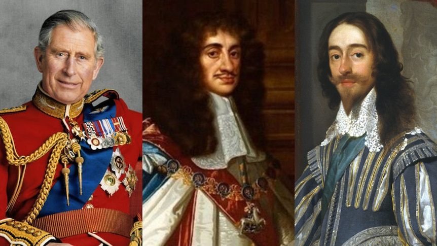 Royal portraits of the three King Charleses side by side.
