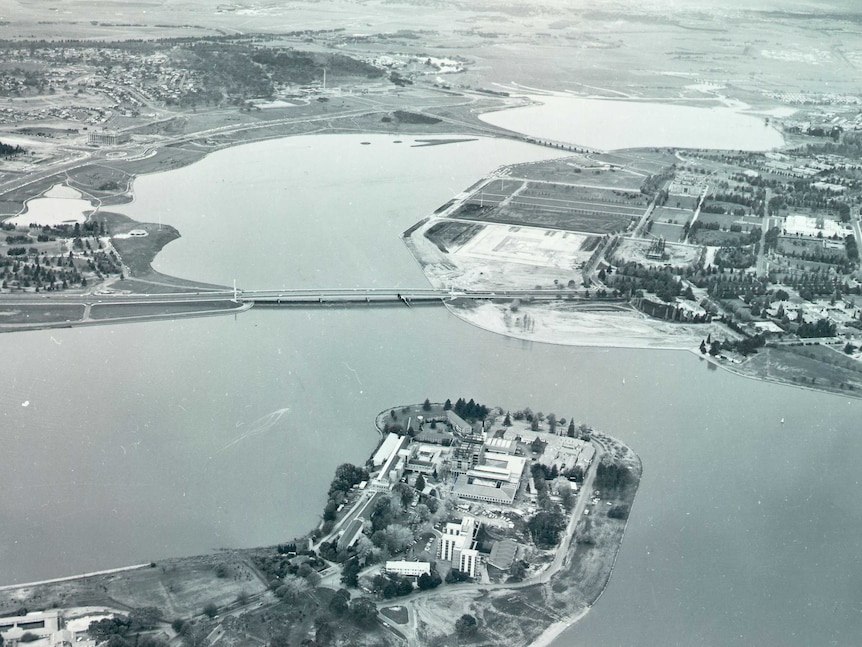 An aerial view of Lake Burley Griffin soon after filling up in 1964.