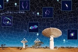 Dish-shaped antennas point to sky filled with stars and location markers, which connect to enhanced images of objects in space.