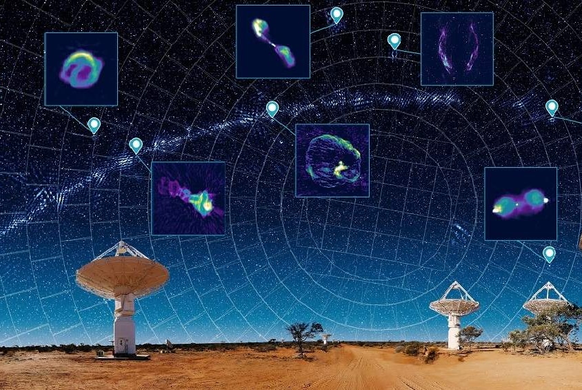 Dish-shaped antennas point to sky filled with stars and location markers, which connect to enhanced images of objects in space.