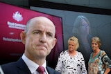 a graphic of a middle aged man with a comissioner at lecturn behind him, and two women 