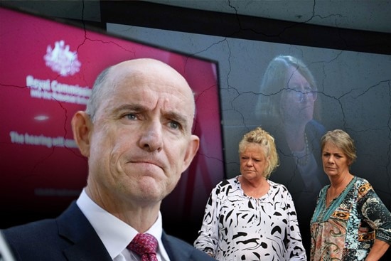 a graphic of a middle aged man with a comissioner at lecturn behind him, and two women 