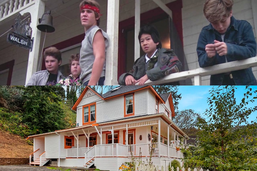 Top: A screenshot from Goonies. Bottom: A house on a hill