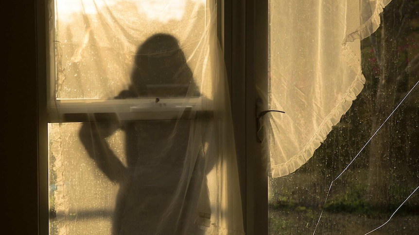 A silhouette of a woman facing a window.