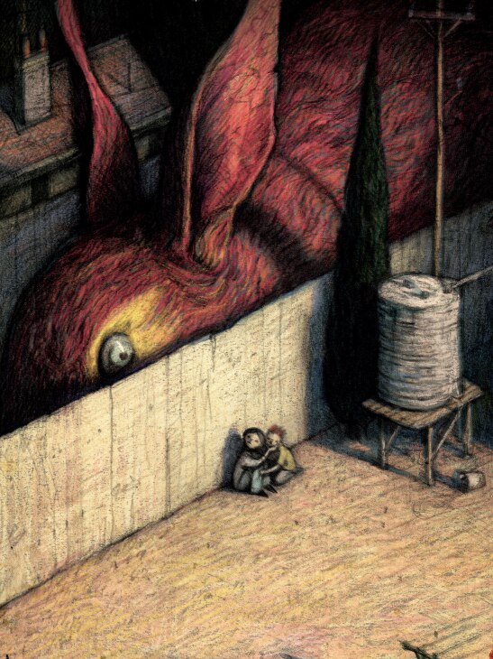 Giant cartoon red rabbit peers over a fence where two children are hiding.