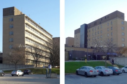 Two views of a hospital building in Canada.