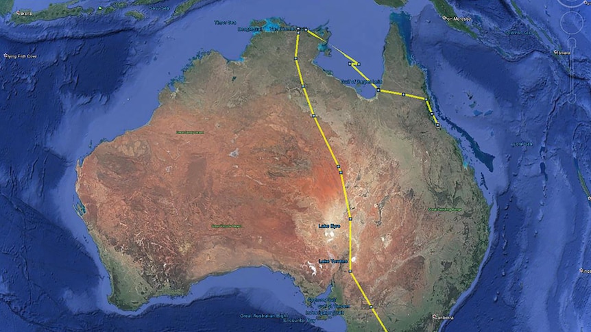 A photo showing a GPS map of Australia and a zig-zagging line mapping a bird's movements across it.