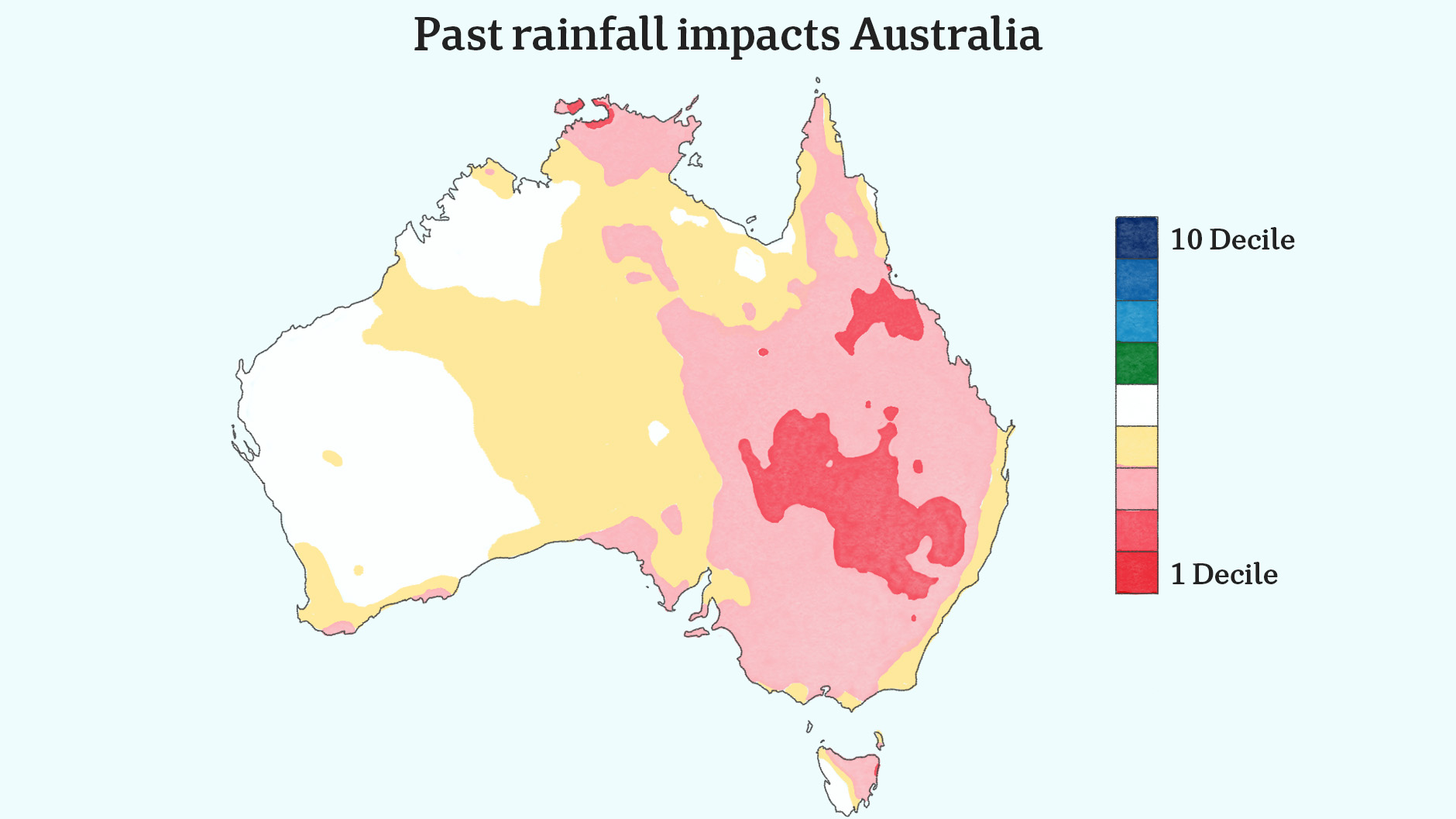 Map of Australia showing low amounts of rainfall across the country.