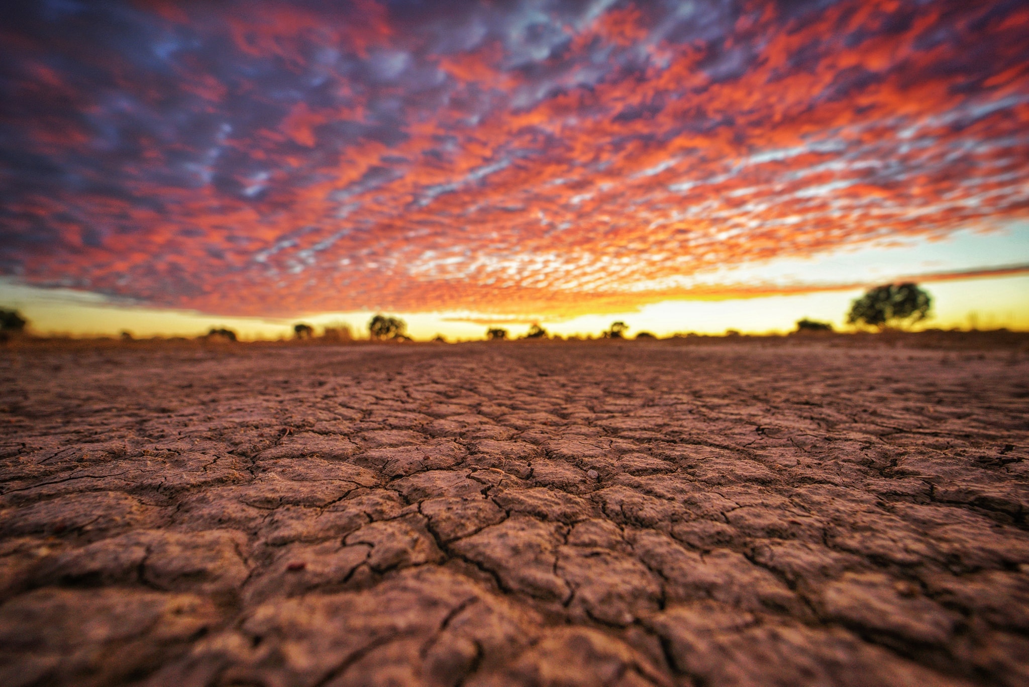 Cracked dirt ground beneath a rainbow sunset. 