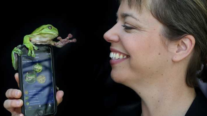 Woman's smily face on right, holding a mobile phone up on left with green tree frog on the top of the phone reaching out