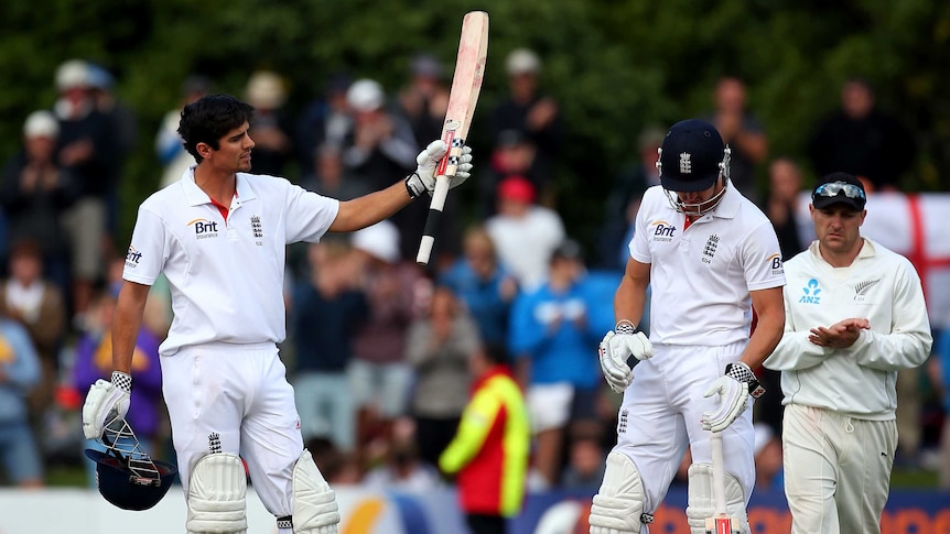 England's Alastair Cook makes a century in the first Test against New Zealand in Dunedin.