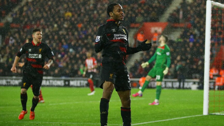 Liverpool's Raheem Sterling celebrates after scoring against Southampton on February 22, 2015.