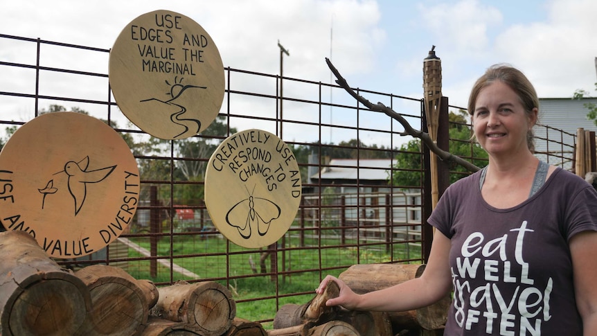 A woman standing near signs that have environmental messages near a load of wood logs