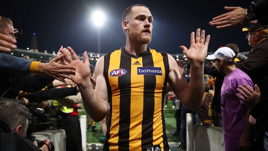 Jarryd Roughead gives high fives to Hawthorn supporters as he walks down the race at the SCG.