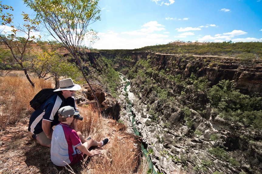 A man and boy peering into the rocky Porcupine Gorge.