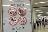 Airport biosecurity sign saying declare it or bin it with pictures of food stuffs, seeds, wooden objects