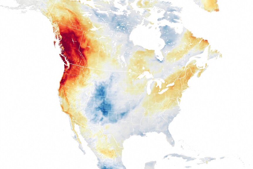 A map showing extreme air temperature over the Pacific northwest in red