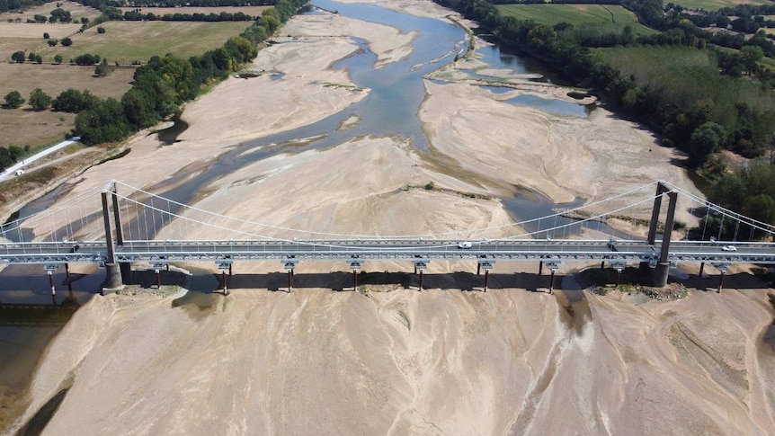 An aerial view shows an almost dry branch of the Loire River in France