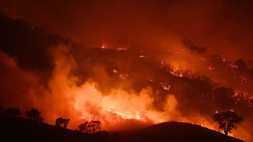 Nighttime view of the Dunn Road fire on January 10th in Mount Adrah, New South Wales, showing hills alight with fires.