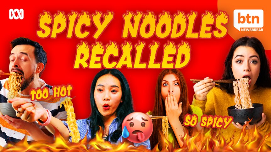 Various people eating noodles from a bowl. Flames photoshopped in around them.