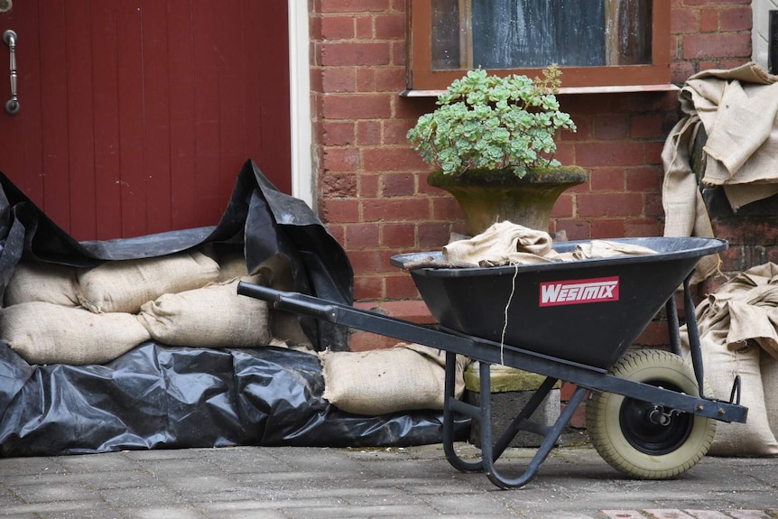 Sandbags outside the door of the Euroa Butter Factory wedding venue in northern Victoria.