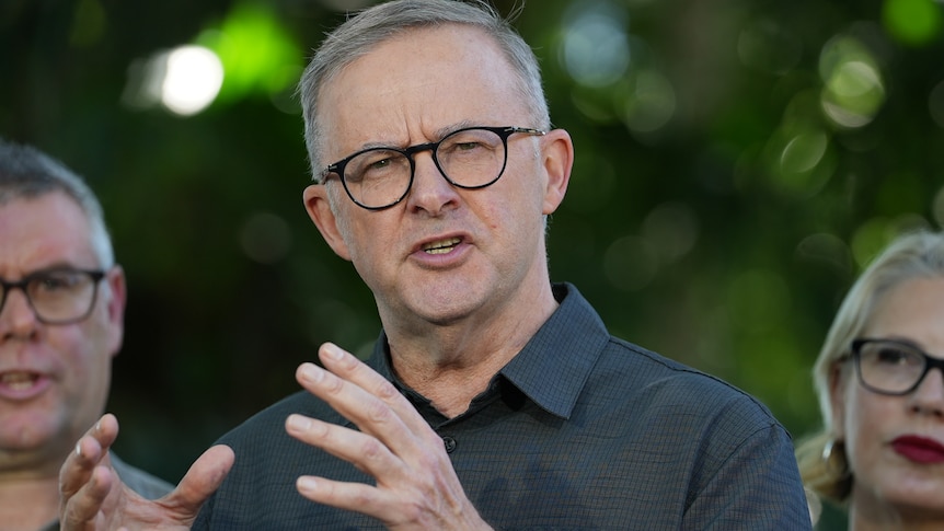 Anthony Albanese articulates with his fingers as he speaks to media