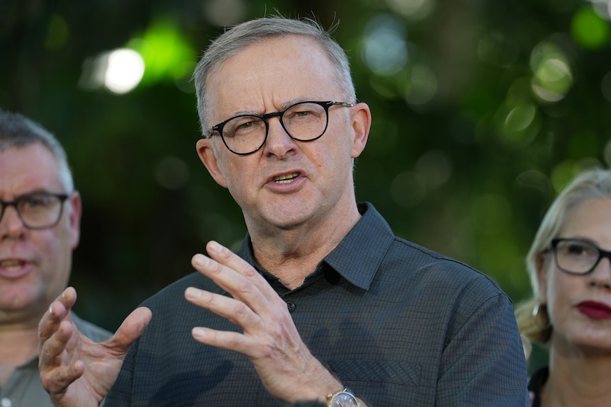 Anthony Albanese articulates with his fingers as he speaks to media