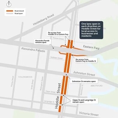 A map of an area of Hoddle Street that will be closed