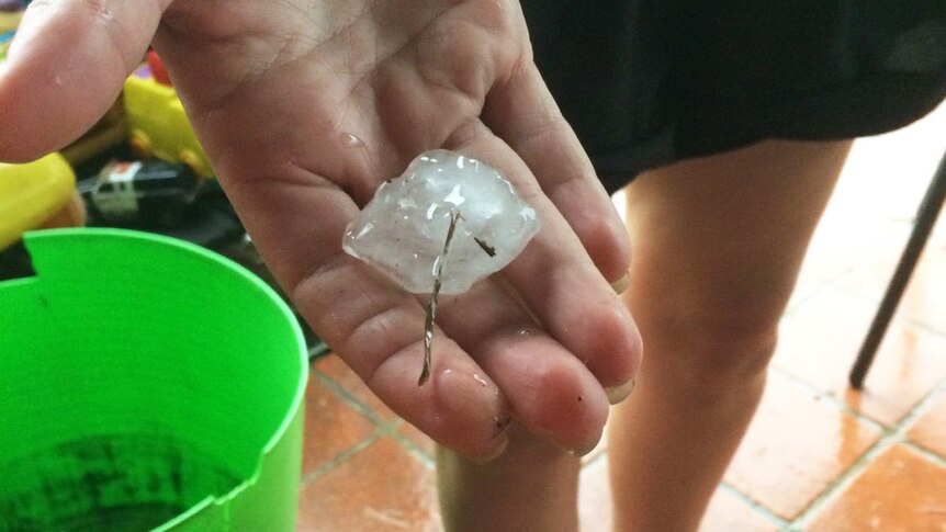 A golf ball sized block of hail held in a girl's hand