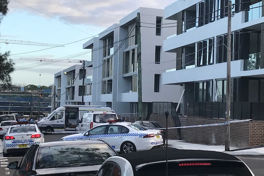 Several police cars outside a Mortlake unit complex.