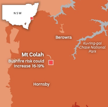 A map showing possible bushfire risk to the north of Sydney in New South Wales. 