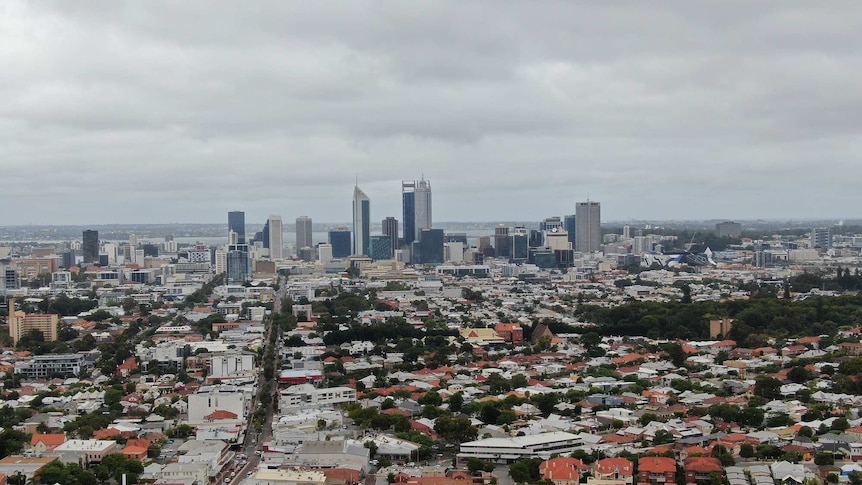 A drone shot of The Perth CBD and surrounding areas with Mount Lawley and Highgate in the foreground.