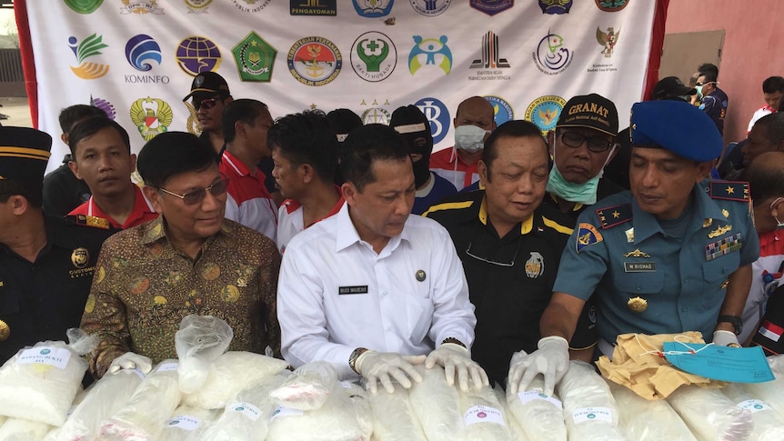 Chief of Indonesia's National Narcotics Board Budi Waseso inspects his Bureau's latest haul of 270 kilograms of Ice